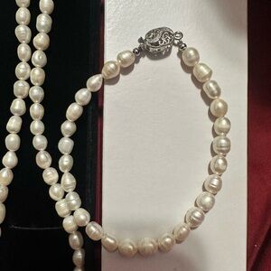 Classic White Pearl Necklace Bracelet and Earrings with Silver Clasp
